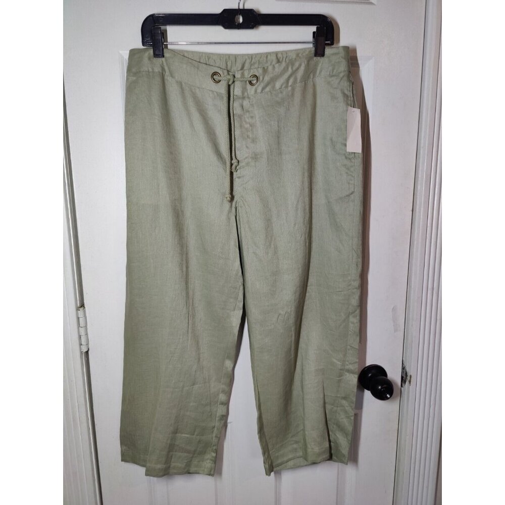 Jamaica Bay Sagebrush Olive Green Wide Leg Cropped 100% Linen Pants 12 NWT